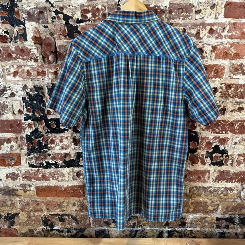 The North Face Mens Large Short Sleeve Button Up Blue Western Plaid Shirt